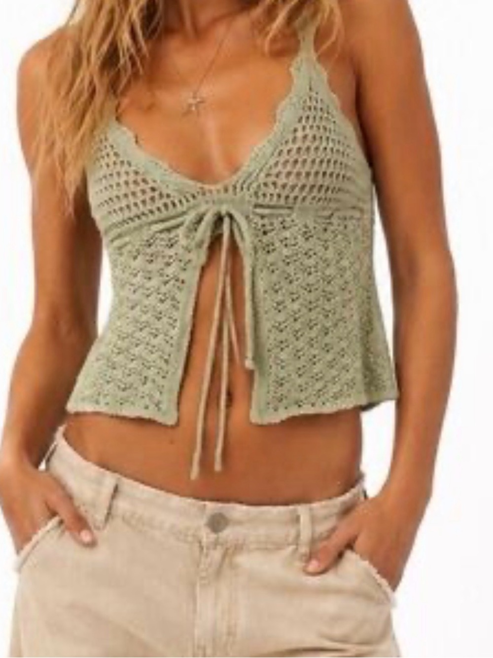 Zara Women's Crochet Tie-Front Tank Top - Sage Green